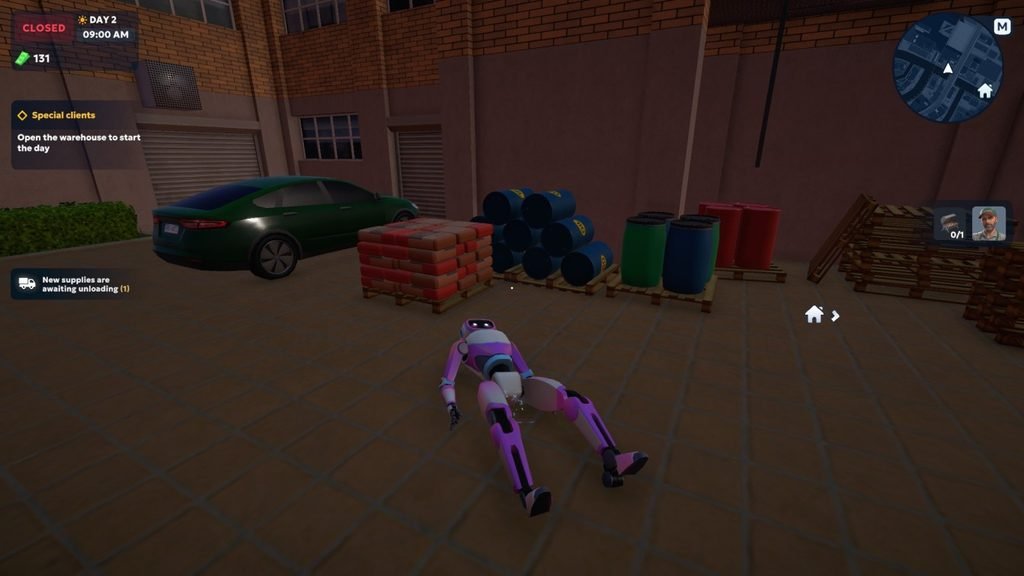 Violet Robot Near a Green Car