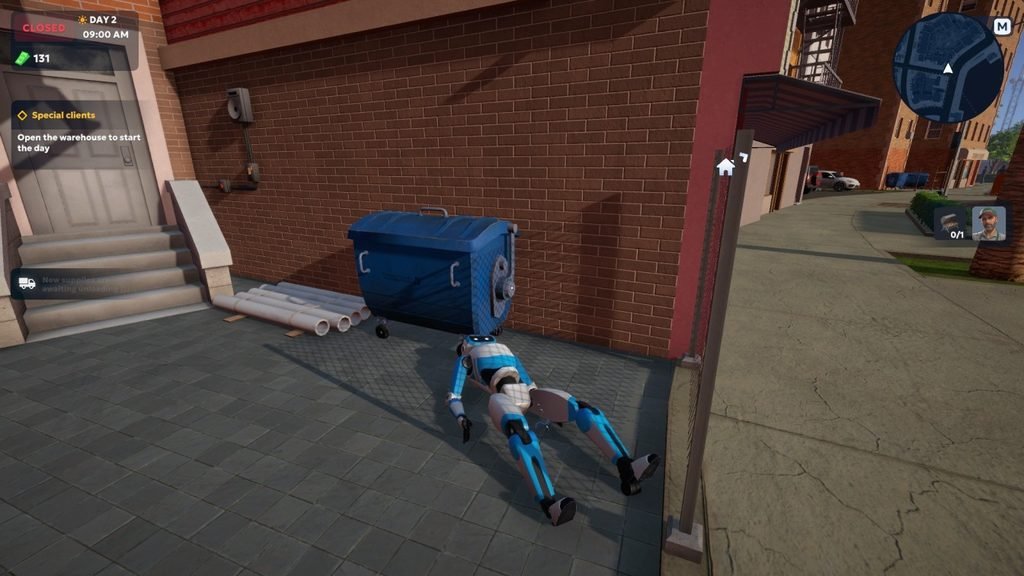 Blue Robot Near a Shop